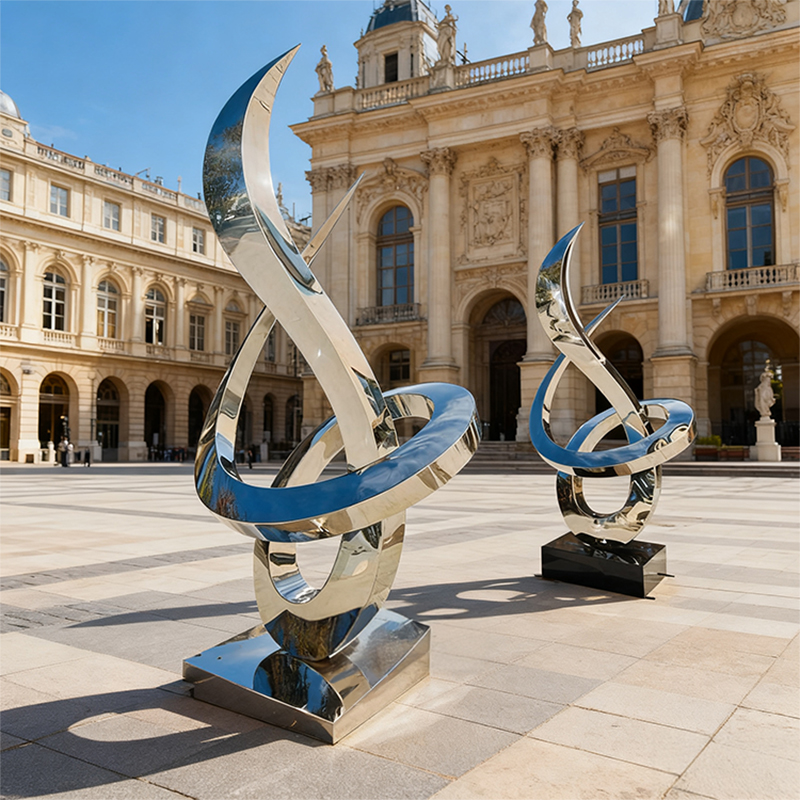 ประติมากรรมโลหะเพรียวบางสีน้ำเงินและสีเงิน